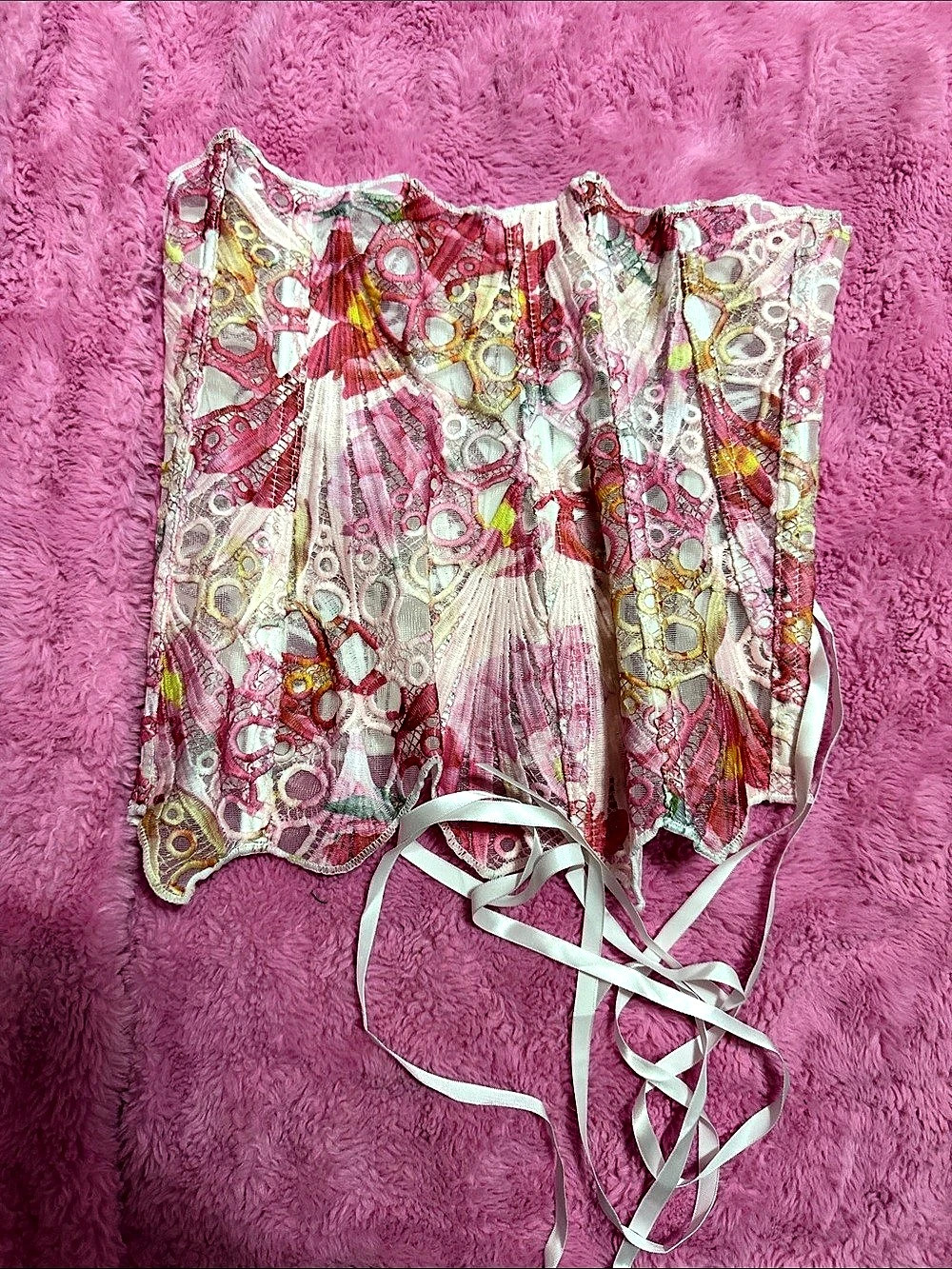 Love Triangle Lace Corset with Ribbon Trim in Pink Floral Pink Floral Camisole